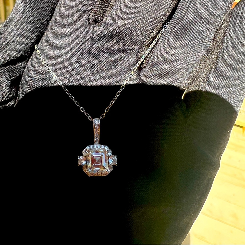 New Moissanite Asscher Cut Necklace 1.2CT, 18K White Gold Plated Sterling Silver